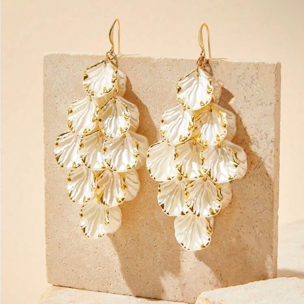 Pearl White Shell Cascade Drop Earrings — Gold Trim Dangle